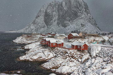 Natural Snowy View of Hamnoy Village at Lofoten Islands Shot from Upper Location or Observing Point