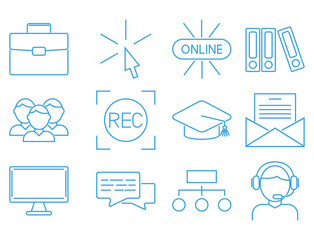 Flat outline icons online education staff training book store distant learning knowledge vector illustration