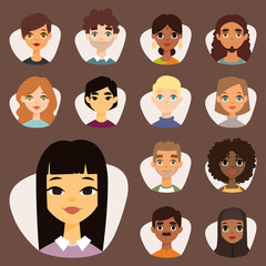 Set of diverse round avatars with facial features different nationalities clothes and hairstyles people characters vector illustration