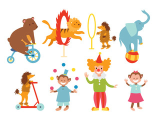 Circus funny animals set of vector icons cheerful zoo entertainment collection juggler pets magician performer carnival illustration.