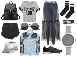 A set of fashionable clothes and accessories on a white background