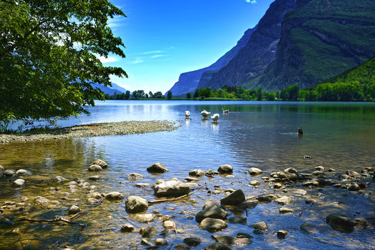 Landscape with the image of Toblino lake in North Italy