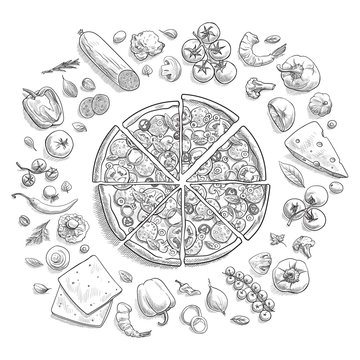 Set of pizza ingredients in doodle style isolated on white background