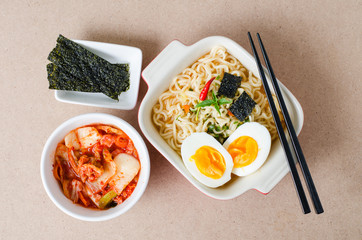 Instant noodles and kimchi cabbage ready to eating,Korean food