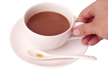 hands holding cup of coffee isolated on white background.
