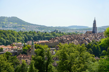 Fototapeta na wymiar A cityscape view with Bern Cathedral, Switzerland