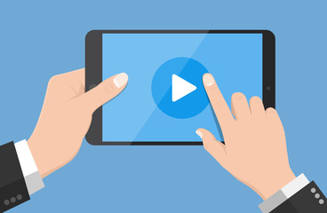 Flat Design style Human hand holding Smartphone with online media app on screen ,vector design Element illustration isolate on blue background
