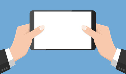 Flat Design style Human hand holding Smartphone with blank screen ,vector design Element illustration isolate on blue background