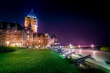 Frontenac Castle in Old Quebec City at night. 