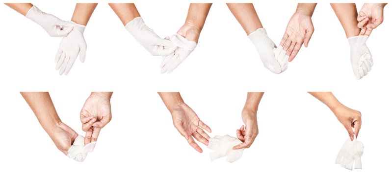 Step Of Hand Throwing Away White Disposable Gloves Medical.