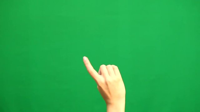 Hand gestures. Touchscreen. Female hand showing multitouch gestures in green screen