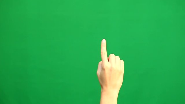 Hand gestures. Touchscreen. Female hand showing multitouch gestures in green screen