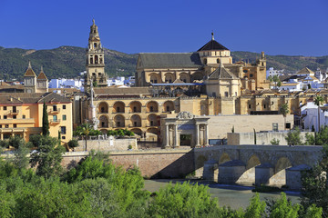 Fototapeta na wymiar Cordoba skyline, Spain. The Roman Bridge and Mosque (Cathedral) on the Guadalquivir River.