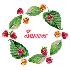 Frame of raspberries and summer lettering. Frame painted in watercolor. Fruit pattern for menu and desserts, restaurants and cafes.