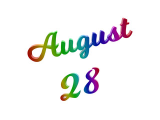 August 28 Date Of Month Calendar, Calligraphic 3D Rendered Text Illustration Colored With RGB Rainbow Gradient, Isolated On White Background
