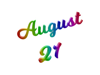August 21 Date Of Month Calendar, Calligraphic 3D Rendered Text Illustration Colored With RGB Rainbow Gradient, Isolated On White Background
