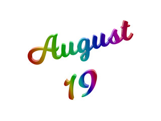August 19 Date Of Month Calendar, Calligraphic 3D Rendered Text Illustration Colored With RGB Rainbow Gradient, Isolated On White Background
