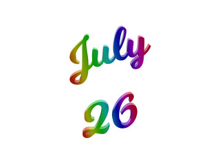 July 26 Date Of Month Calendar, Calligraphic 3D Rendered Text Illustration Colored With RGB Rainbow Gradient, Isolated On White Background
