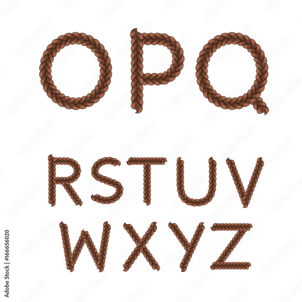 Poster alphabet from braids, letters from o to z. isolated vector objects on white background.