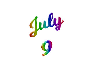 July 9 Date Of Month Calendar, Calligraphic 3D Rendered Text Illustration Colored With RGB Rainbow Gradient, Isolated On White Background
