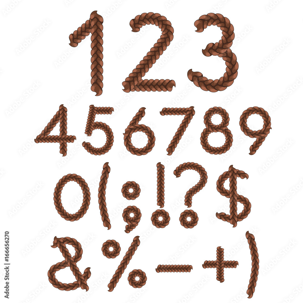 Poster numbers and signs of braids. isolated vector objects on white background.
