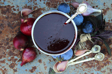 Tkemali from the plums. Sauce from plums.