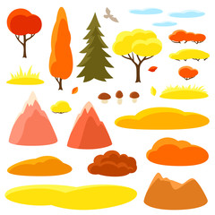 Autumn set of trees, mountains and hills. Seasonal collection