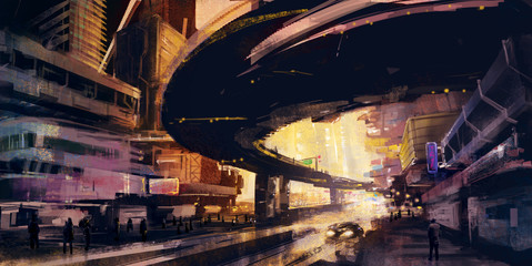 Abstract illustration of Urban Cityscape at sunset - obrazy, fototapety, plakaty