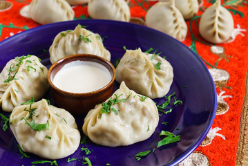 Dumplings, Manti - traditional meat dish of Central Asia, Turkey, Mongolia, Korea.