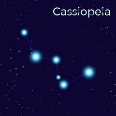 Fototapeta na wymiar Cassiopeia sing. Star constellation vector element. Constellation symbol. Illustration on dark blue background.