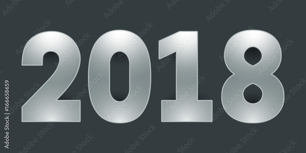 Poster 2018 happy new year. silver shiny numbers on gray background. vector eps10