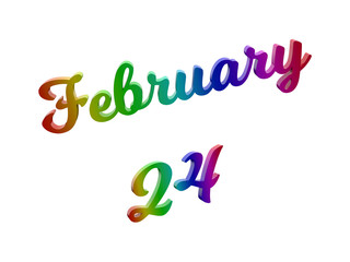 February 24 Date Of Month Calendar, Calligraphic 3D Rendered Text Illustration Colored With RGB Rainbow Gradient, Isolated On White Background
