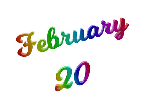 February 20 Date Of Month Calendar, Calligraphic 3D Rendered Text Illustration Colored With RGB Rainbow Gradient, Isolated On White Background

