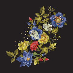 Embroidery fashion floral pattern with wild roses. Vector traditional embroidered bouquet with flowers on black background for clothing design.