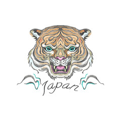 Embroidery oriental patch with tiger head. Vector embroidered floral template for t shirt and fashion design.