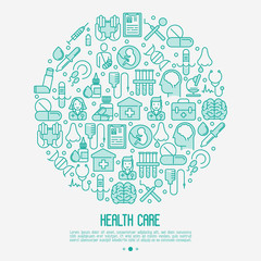Fototapeta na wymiar Health care concept in circle with thin line icons related to hospital, clinic, laboratory. Vector illustration for conclusion, banner, web page.