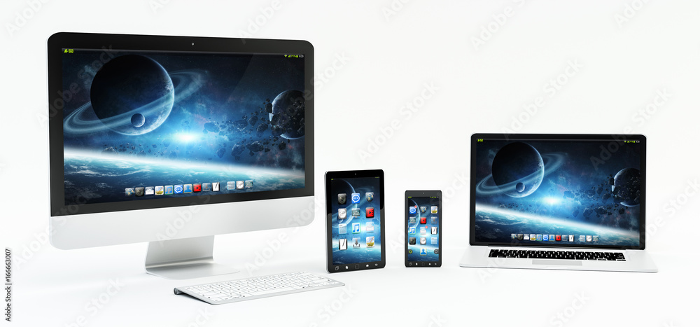 Poster Modern white desk interior with computer and devices 3D rendering