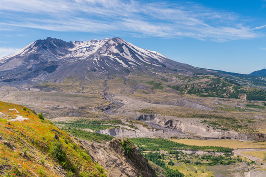 The breathtaking views of the volcano Mount St. Helens destroyed landscape and barren lands. Harry's Ridge Trail. Mount St Helens National Park, South Cascades in Washington State, USA