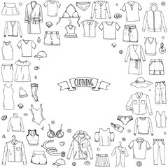 Hand drawn doodle Clothing icons set. Vector illustration.Isolated apparel symbols collection. Cartoon cloth elements: Skirt Shirt T-shirt Shorts Dress Hoodie Underware Blouse Pants Socks Hat Cap Top