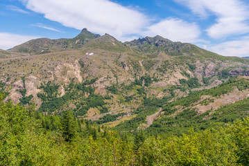 The breathtaking views of the volcano Mount St. Helens destroyed landscape and barren lands. Harry's Ridge Trail. Mount St Helens National Park, South Cascades in Washington State, USA