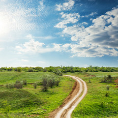 Obraz premium road in green meadow under clouds in blue sky in sunset