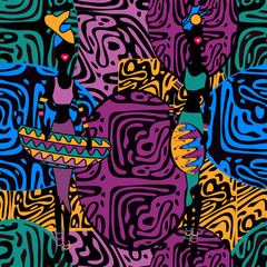 Seamless pattern, traditional elements. Colorful  Girl. Ethnic elements and strips