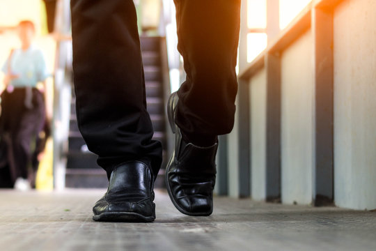 Close-up Of Front View Business Man Elegant Shoes Walking