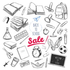 Welcome back to school concept, Vector hand drawn illustration. Chalkboard lettering. Typography. Sketch style