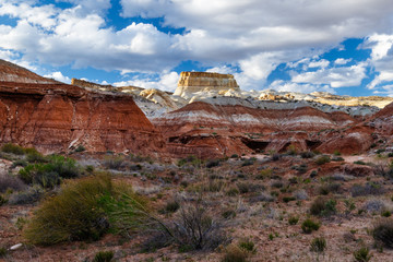 Fototapeta premium Colorfully striped hills of the southern Utah badlands, along a hiking trail in the Paria Rimrocks, Grand Staircase-Escalante National Monument.