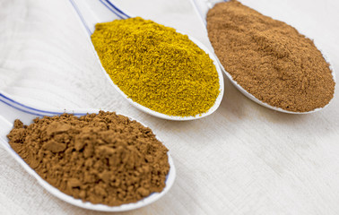 Curry, cinnamon, clove, powdered, In a porcellain spoon
