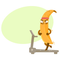 Funny banana character working, running on treadmill with concentrated face expression, comic, cartoon vector illustration isolated on white background. Funny banana character running on treadmill