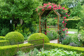 blühender Rosenbogen im Bauerngarten im Sommer, mit blühenden Blumen, Salat- und Gemüsebeeten...