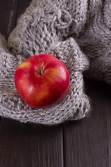 Red apple in knitted sweater
