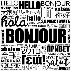 Bonjour (Hello Greeting in French) word cloud in different languages of the world, background concept